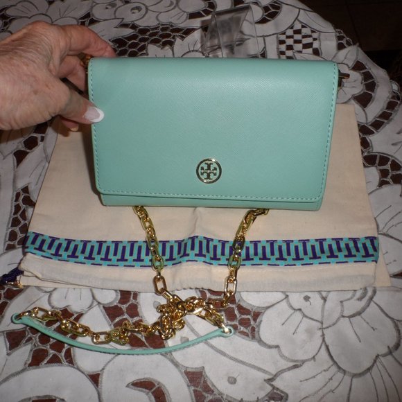 New Tory Burch "Emerson" Mint Green Saffiano Leather Crossbody Wallet